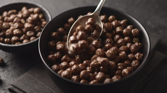 Girl mixes chocolate balls for breakfast with milk with a spoon, close-up