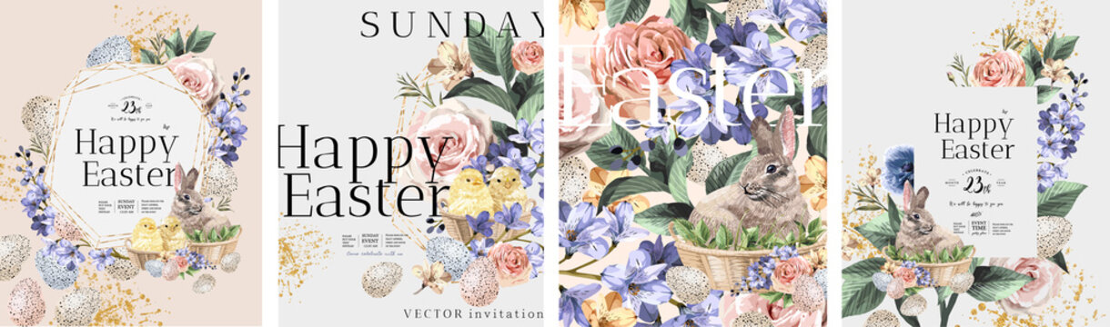 Happy Easter! Vector illustrations of watercolor cute bunny, chick, flowers, plants and greeting frame. Pictures for poster, invitation, postcard or background
