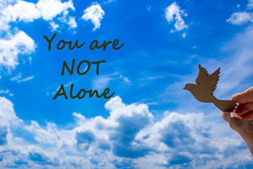 You are not alone symbol. Man hand holding wooden bird on cloud blue sky background. Words 'you are...