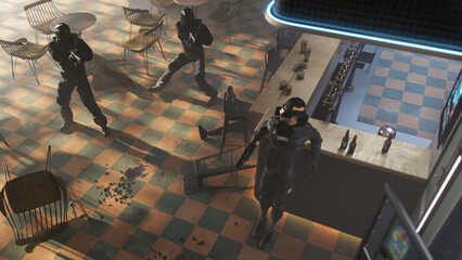 Police arrest in futuristic cyberpunk bar interior, view from above, 3D Illustration