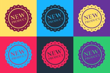 Pop art New product label, badge, seal, sticker, tag, stamp icon isolated on color background. Vector.