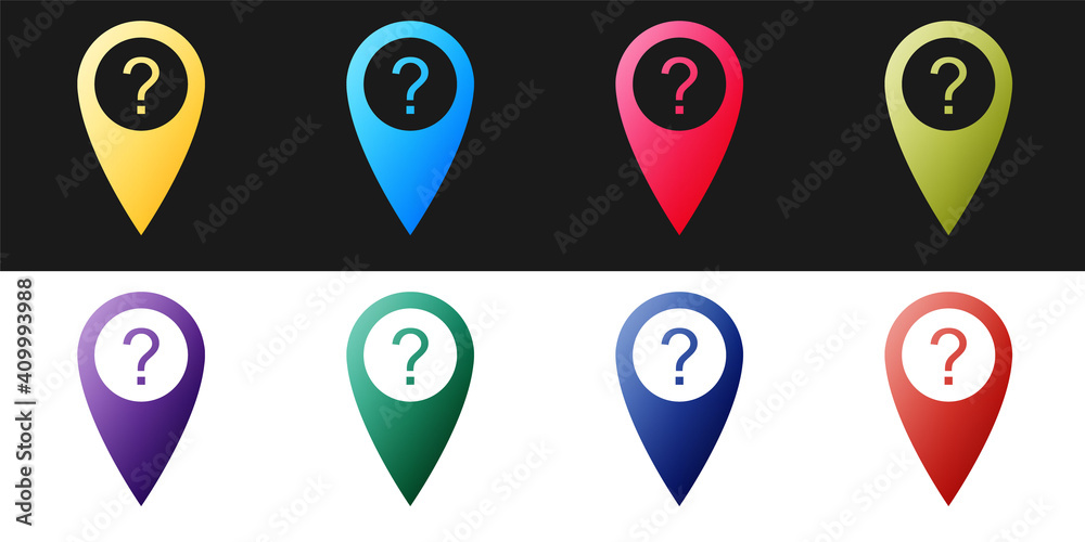 Fototapete set map pointer with question symbol icon isolated on black and white background. marker location si