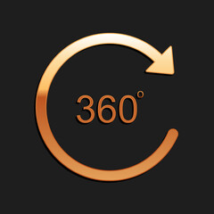 Gold Angle 360 degrees icon isolated on black background. Rotation of 360 degrees. Geometry math symbol. Full rotation. Long shadow style. Vector.