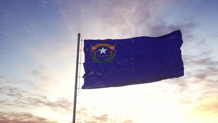 State flag of Nevada waving in the wind. Dramatic sky background. 3d illustration © Laricha