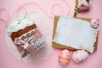Easter card mockup. traditional easter cake, easter eggs and space for text 