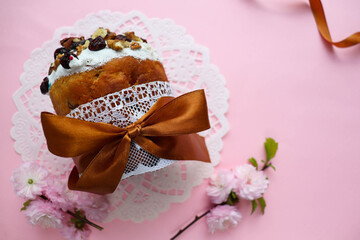 Easter card. traditional Easter cake with raisins, poppy seeds, prunes and dried apricots 