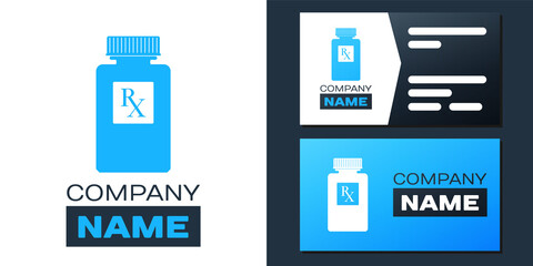 Logotype Pill bottle with Rx sign and pills icon isolated on white background. Pharmacy design. Rx as a prescription symbol on drug medicine bottle. Logo design template element. Vector.