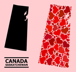 Love pattern and solid map of Saskatchewan Province on a pink background. Mosaic map of Saskatchewan Province is composed with red lovely hearts.
