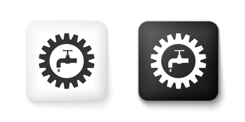 Black and white Gearwheel with tap icon isolated on white background. Plumbing work symbol. Square button. Vector.