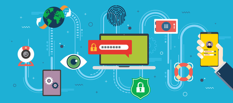 Privacy, protection and data security in internet. Technology and digital security, identity protection.Icon design in vector of webcam, computer, eye, lock, laptop, safe box in blue background.