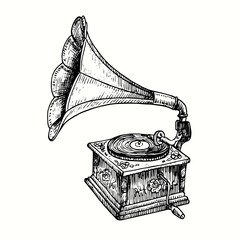 Hand drawn vintage phonograph with rose flowers decoration. Ink black and white drawing. Vector illustration. Side view