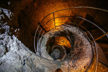 Old ancient spiral staircase in the well Tik Kuyu, in Chufut Kale, Bakhchisaray, Crimea...