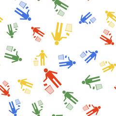 Color Man throwing trash into dust bin icon isolated seamless pattern on white background. Recycle symbol. Trash can sign. Vector.