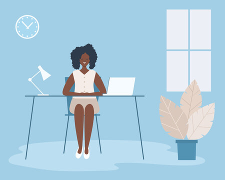 Office worker in the workplace. Young black woman is sitting at the desk in the blue office room. There is a laptop, a lamp, a clock and a flower in the picture. Funky flat style. Vector