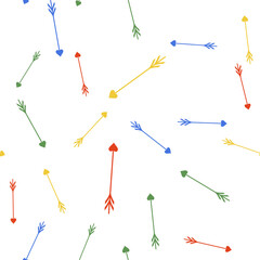 Color Cupid arrow heart, Valentines Day cards icon isolated seamless pattern on white background. Vector.