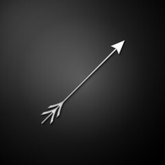 Silver Hipster arrow icon isolated on black background. Long shadow style. Vector.