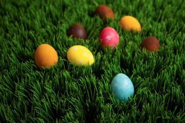 Fototapeta na wymiar Many colorful painted Easter eggs in grass flat lay.