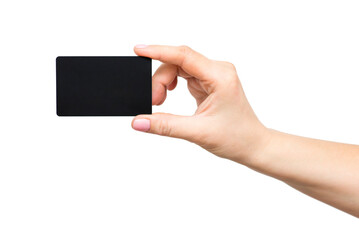 Business card in female hand, closeup isolated on white background. Close up of womans hand holding blank black card