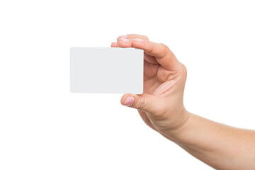 Obraz premium Business card in female hand, closeup isolated on white background. Close up of womans hand holding blank white card
