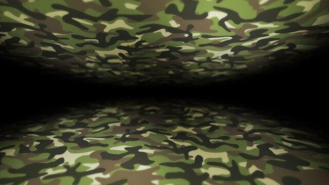 Green camouflage pattern background. Military uniform concept. Abstract line and wave texture. Loop animation.