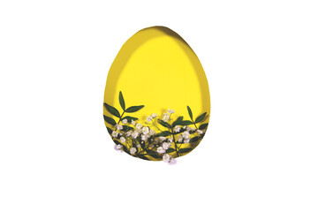 Isolated design for Easter and other holidays. Cutted frame of paper and natural flowers and plants. Design for your holiday and spring projects. Paper art.