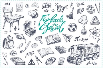 Back to school hand drawn icons isolated on white background. Sketch style vector illustration with school supplies and calligraphy text.