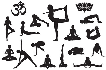 Silhouettes of girl in yoga poses