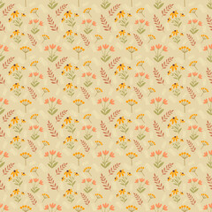 Floral seamless pattern on pastel yellow background. Flat design wallpaper.