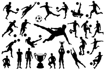 Silhouettes soccer player with ball and trophy cup