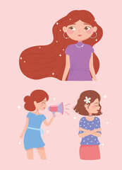womens day, set young women character cartoon girl power