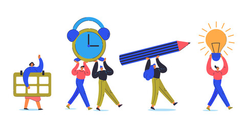 Time management concept. Office worker. Tiny young man and woman carry big calendar,alarm clock,light bulb, pencil. Cartoon characters isolated on white background. Flat color vector illustration.