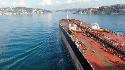 Aerial view of freight ship with cargo containers