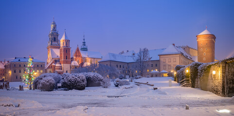 Illuminated Christmas tree on snow at night, Wawel cathedral and castle, Krakow, Poland - 409998565