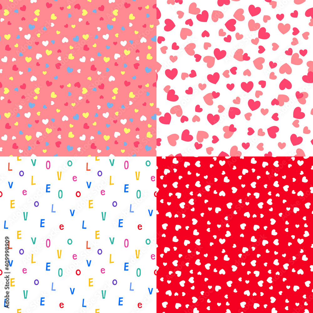 Poster seamless patterns set with hearts and love. vector retro polka dot prints. valentine's day illustrat