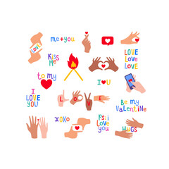 Sticker Pack with Diverse Skin Color Hands, Valentines Quotes, Love Gesture and Heart Symbols. Vector Love Illustrations