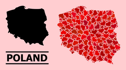 Love pattern and solid map of Poland on a pink background. Collage map of Poland composed with red love hearts. Vector flat illustration for dating concept illustrations.