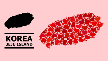 Love mosaic and solid map of Jeju Island on a pink background. Mosaic map of Jeju Island is created with red lovely hearts. Vector flat illustration for dating conceptual illustrations.
