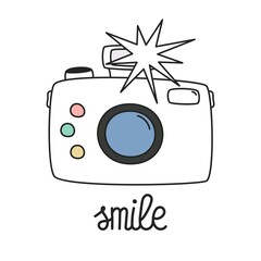 Doodle camera. Retro photocamera, line photography element. Isolated vintage outline illustration and smile text. Vector graphic print design
