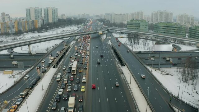 Aerial view of Mozhayskoye highway traffic jam in Moscow at rush hour in the evening, Russia