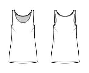 Tank dress technical fashion illustration with scoop neck, straps, mini length, oversized body, Pencil fullness. Flat apparel template front, back, white color. Women, men, unisex CAD mockup