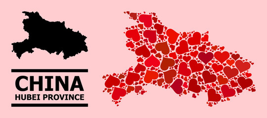 Love pattern and solid map of Hubei Province on a pink background. Mosaic map of Hubei Province is formed from red lovely hearts. Vector flat illustration for love conceptual illustrations.