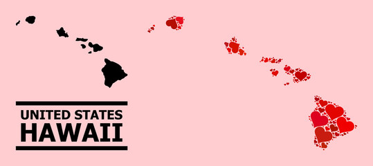 Love collage and solid map of Hawaii State on a pink background. Collage map of Hawaii State composed with red love hearts. Vector flat illustration for marriage concept illustrations.