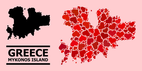 Love mosaic and solid map of Mykonos Island on a pink background. Mosaic map of Mykonos Island created with red love hearts. Vector flat illustration for love conceptual illustrations.