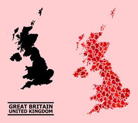 Obraz premium Love pattern and solid map of United Kingdom on a pink background. Collage map of United Kingdom created with red lovely hearts. Vector flat illustration for dating conceptual illustrations.