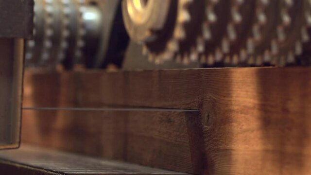 Production process in a furniture factory, woodworking machine mechanism close up. Workflow in a furniture factory. Woodworking factory