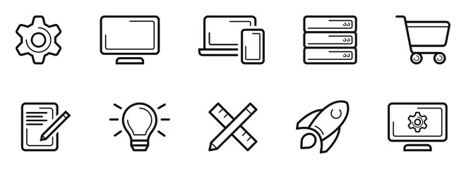 Set of icons for web design. Screen, Laptop, Smartphone, Cart, Gear wheel, Rocket, Light Bulb. Flat line icons.