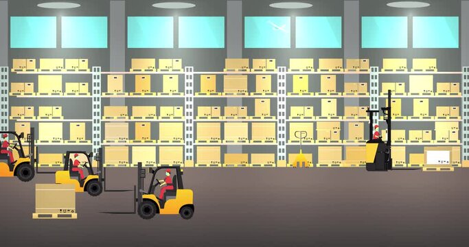 Warehouse interior with workers, racks, hydraulic trolley,forklift, pallet cargo, boxes. Delivery service concept, shipping.  Stock vector animation. 4K, HD, SD. Alpha channel.