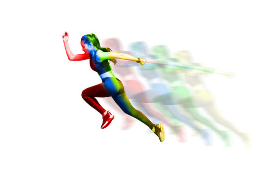  woman runner running jogger jogging athletics competition isolated on white background ,  Photo of attractive woman in fashionable sportswear. Dynamic movement. Side view. Sport and healthy lifestyle