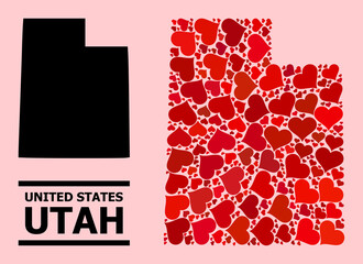Love mosaic and solid map of Utah State on a pink background. Mosaic map of Utah State is created with red love hearts. Vector flat illustration for love conceptual illustrations.
