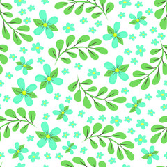 Fototapeta premium spring floral seamless pattern with forget me not blue flowers and leaves on white background. Cute season natural background for springtime holidays, Easter. Fabric textile print. Vector illustration